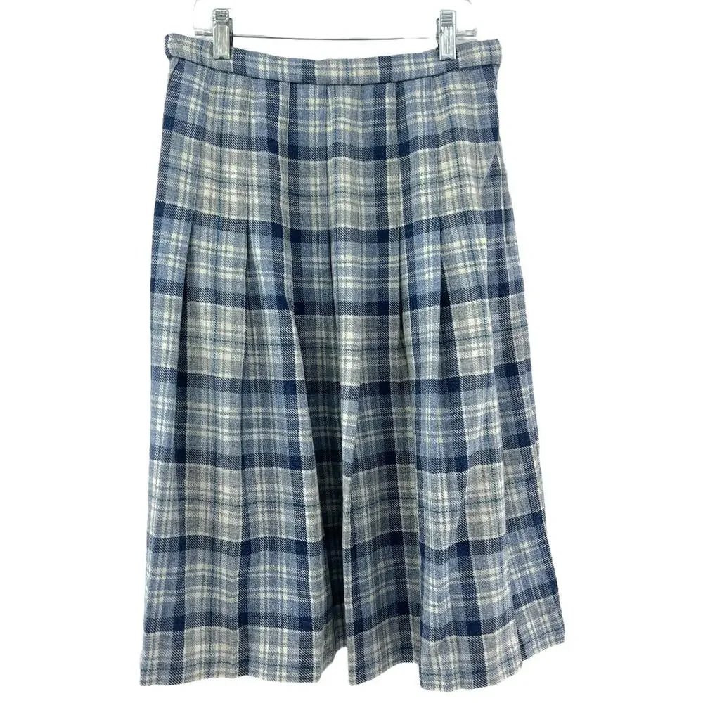 Edinburgh Woollen Mill (8) VINTAGE 70's Blue Tartan Plaid Wool Pleated Skirt - Picture 5 of 9